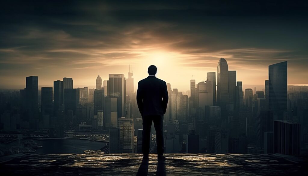 Business professional overlooking a city skyline representing digital growth, strategy, and future business opportunities