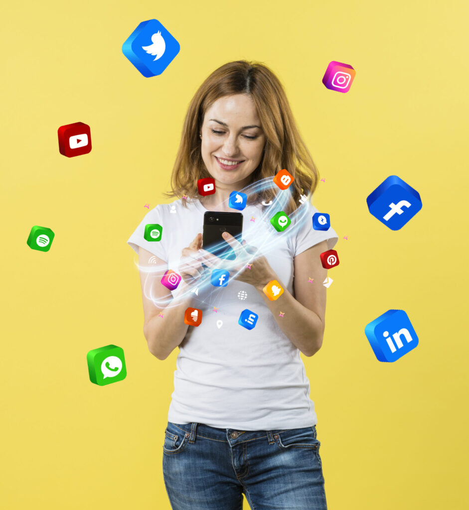 woman using smartphone with social media icons – social media marketing platforms in Sharjah