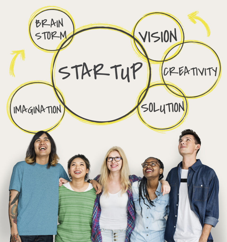 Creative team standing in front of a startup brainstorming diagram showing vision, creativity and solutions, representing digital marketing strategy and brand growth