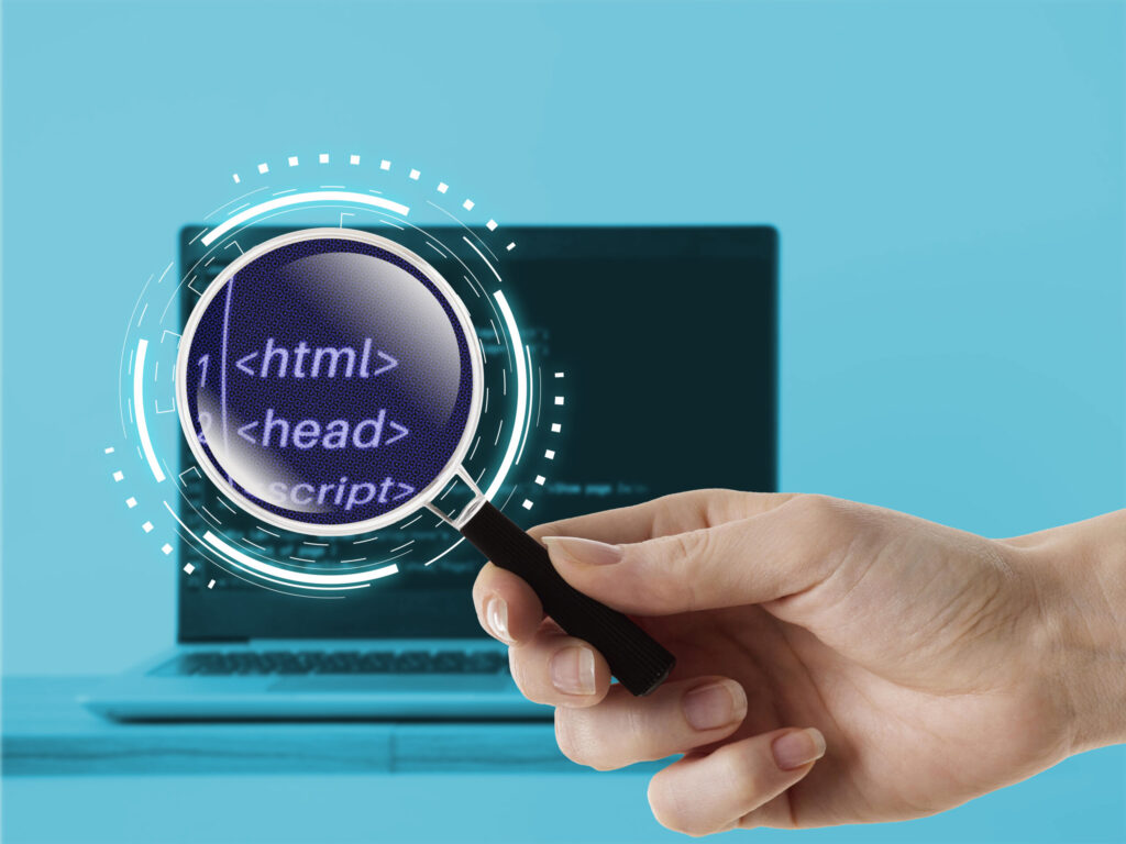 Technical SEO services in Sharjah with magnifying glass inspecting website code