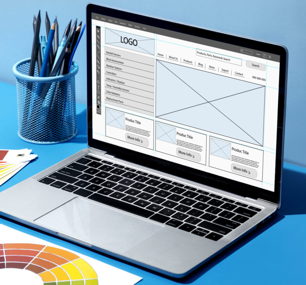 Tools and platforms used for professional website design showing a laptop with UI wireframe on screen
